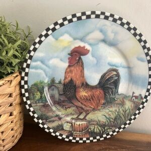 Farmhouse Red Rooster Wall 8" Decorative Plate Checkered Border Wall Decor